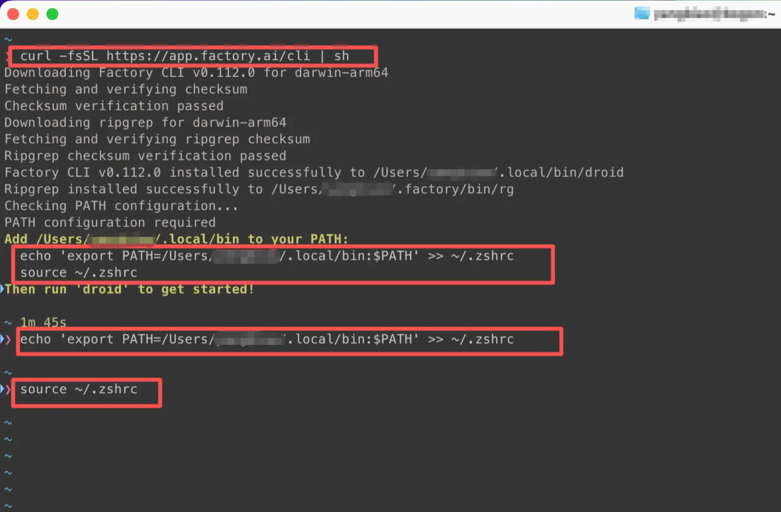 macOS install prompt showing how to add .local/bin to PATH